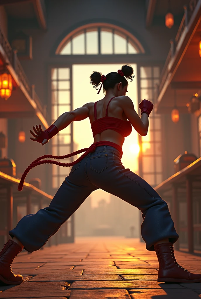 Chun-Li from the back attacking a saloon moon