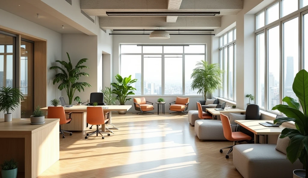 filled with natural light、Comfortable furniture and relaxing décor、Modern, well-designed office spaces that promote a healthy work-life balance。The office has an open floor plan、There are plants and a relaxing seating area.、Supporting cooperation and relaxation
