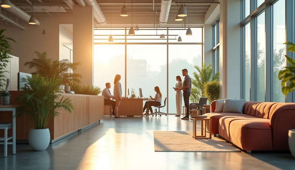filled with natural light、Comfortable furniture and relaxing décor、Modern, well-designed office spaces that promote a healthy work-life balance。The office has an open floor plan、There are plants and a relaxing seating area.、Supporting cooperation and relaxation