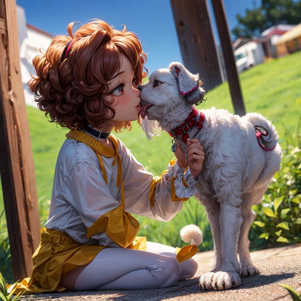 a cute white toy poodle licking the feet of a young girl, party in ibiza logo, beautiful detailed eyes, beautiful detailed lips, extremely detailed eyes and face, long eyelashes, cute and adorable, smiling happy expression, vibrant colors, intricate details, 8k, high resolution, photorealistic, professional studio lighting, masterpiece, award winning