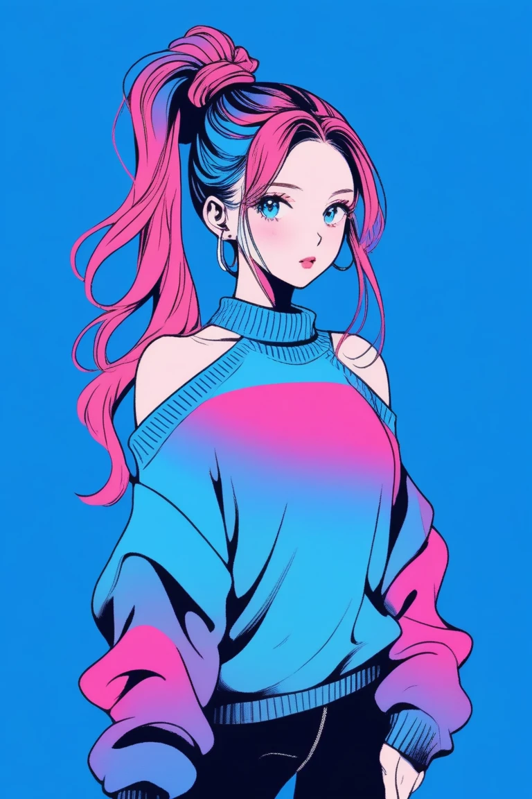 Illustrator, anime , Realistic ,sketch , 1 person, ,lip, Off-the-shoulder sweater, whole body, order, Blue gradient background, Neon long ponytail hair,There's a black cat on my shoulder, Texture Trim, Canadian, (masterpiece,Highest quality) cancer