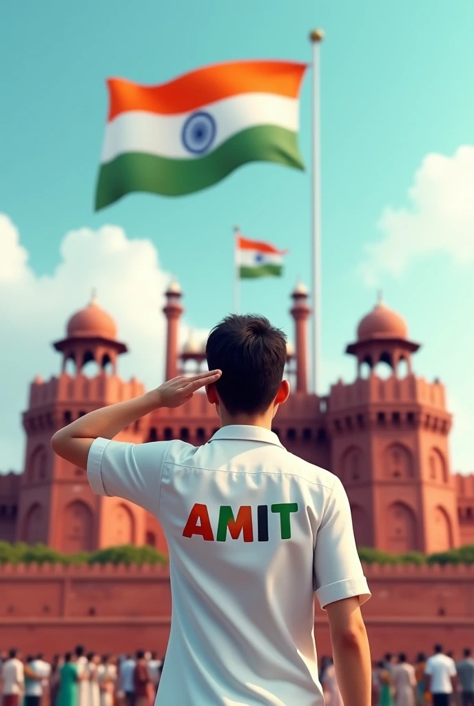 Create a 3D image of 20 years old boy is wearing white color shirt and saluting to indian flag and behind him red fort placed a hoisting flag on that, written Happy Independence Day 2024" on the sky and "Amit" is written on his shirt with  bold colour full letters and also in overall image has the divine background like indian republic day. Everyone is celebrating. 