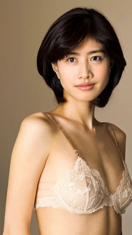  (Highest quality), (Beautiful Japanese Women), (Moisturized lips), Narrow eyes, double eyelid, Delicate clavicle, Flat Chest , Underdeveloped breasts, Professional Lighting, (Petite figure), (Sunburned skin: 0.2), Full body photo, Full Body Focus, (Standing posture)、Elegant、Slender body、boyish, Putting very short hair into a ponytail、Stylish white bedroom、Ribbon on chest、Sweep all your hair back、Crouching with rope、Full body angle、Slightly parted lips、Completely naked、nude、No underwear、No bra