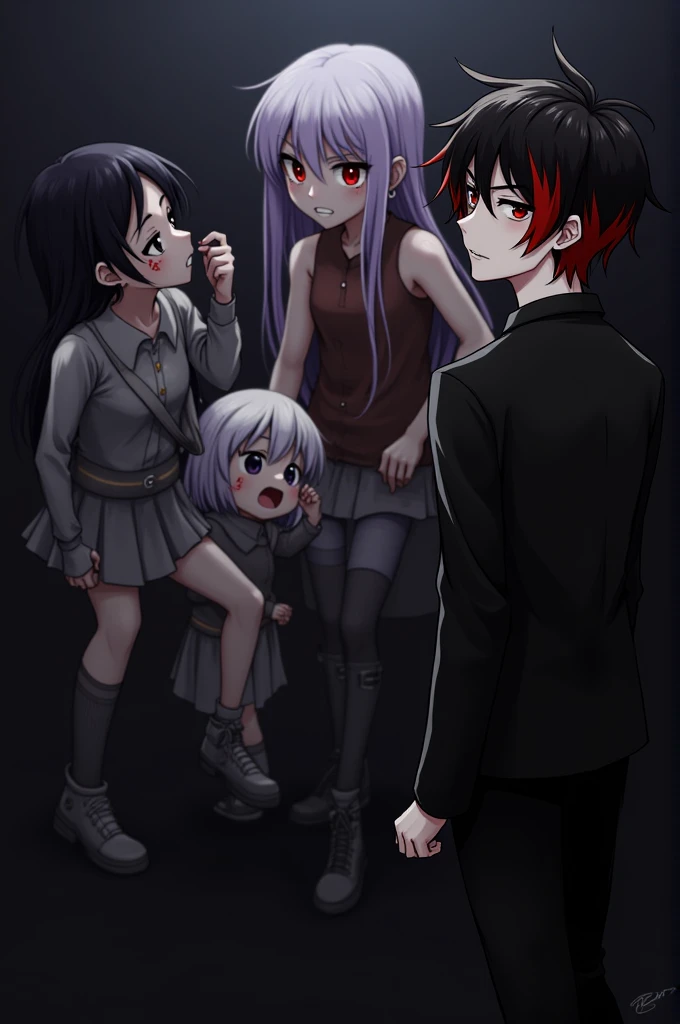 Movie action poses, 1boy, Black Red Mix Hair, red eyes, dark background, Black shirt, Black trousers, Canine tooth, Black jacket, Dim lighting, Turning your back to the camera, Glancing from the right side, masterpiece, full body, 1 girl, White black mix hair, Canine tooth, red eyes, Raising one hand stained with blood, 1 girl, Black Purple Mix Hair, red eyes, Canine tooth, A little blood stain on the cheek, 1 Small girl child , White purple mix hair, red eyes, Licking bloodstained hands, Canine tooth