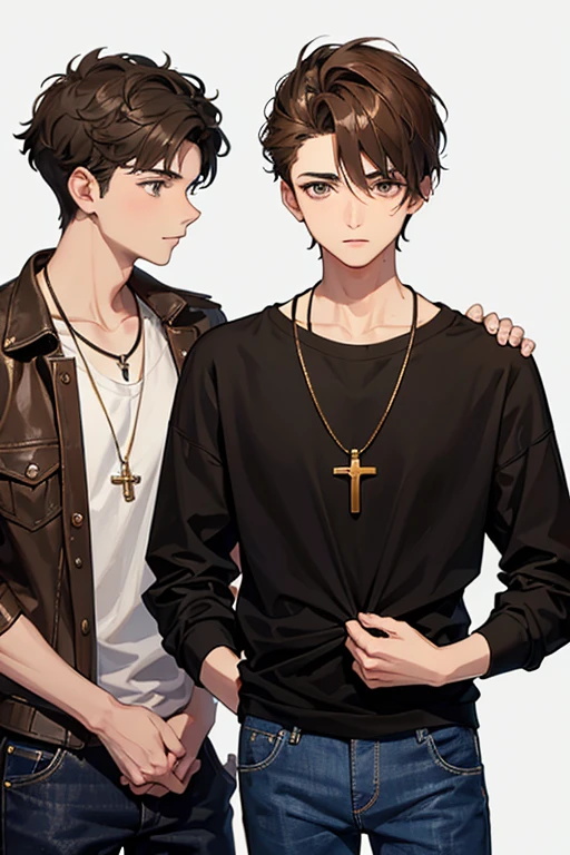 a 16-year-old boy, light brown hair short on the sides and long on top with a pompadour, brown eyes, black t-shirt, necklace with a gold cross, blue jeans, looking in profile directly at the viewer, white background