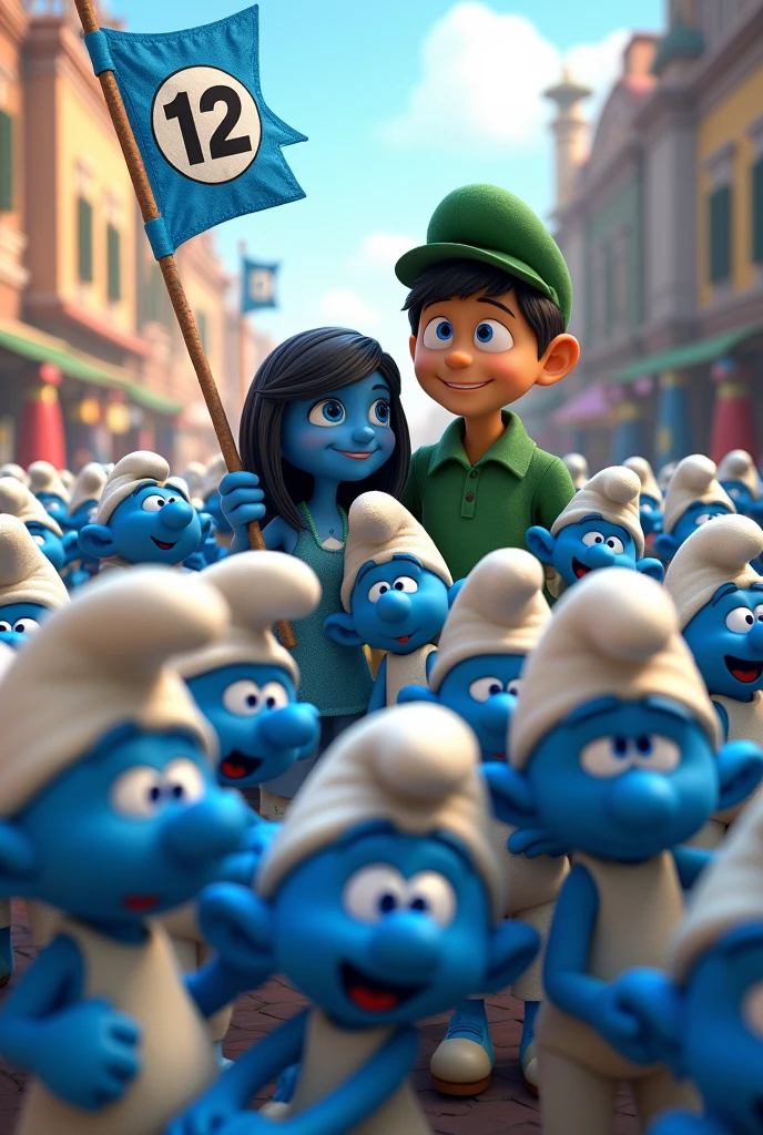 Many Smurfs holding blue flags with the number 12 and others holding green flags with the number 12 and a woman with straight black hair with a blue shirt and a white man with blue eyes and a green shirt wearing a green cap 