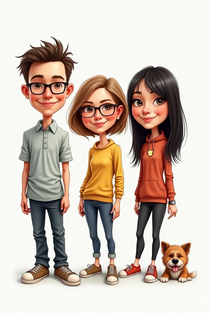 Draw a caricature of three dog-like people based on their characteristics, The first is Samuel, A 20 year old boy, stomach 1.80 meters, He is fat and has very short hair, wear square glasses. The second is Magda, a 20 year old girl stomach 1.57 meters, She has long hair and slightly light brown bangs and the last person is Maria, a 20 year old girl, stomach 1.70 meters, He has short black hair, He also has freckles.