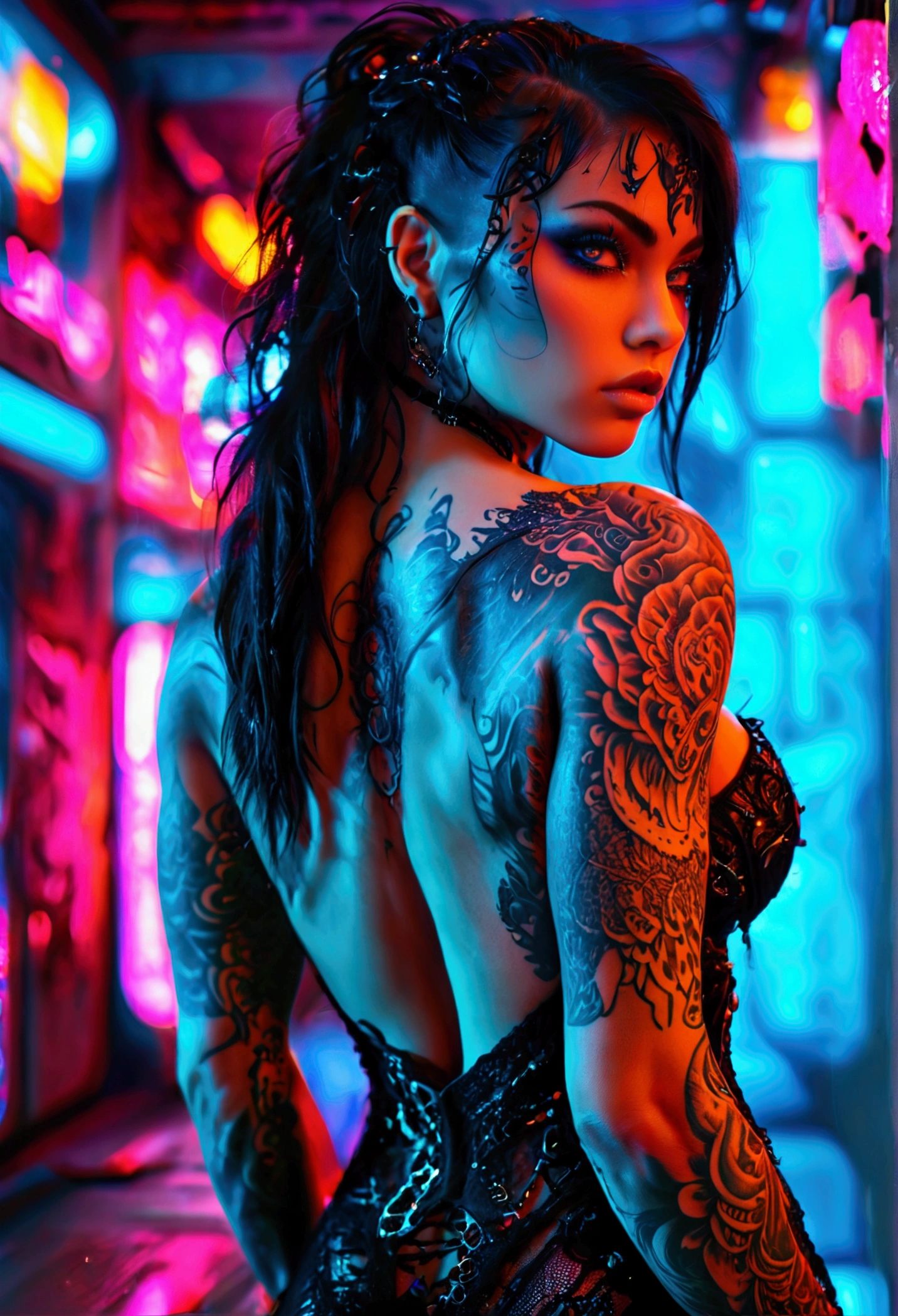 Create a hyper detailed photograph of a tattooed muscular young sexy kaiju , Stunningly perfect gorgeous face, perfect makeup, detailed vibrant neon sapphire eyes, long hair, big beautiful muscular legs, big beautiful muscular arms, big back muscles, perfect body, muscular abs, detailed smooth skin, big breast, big muscular ass, black lace dress, detailed realistic cyberpunk futuristic vehicle,