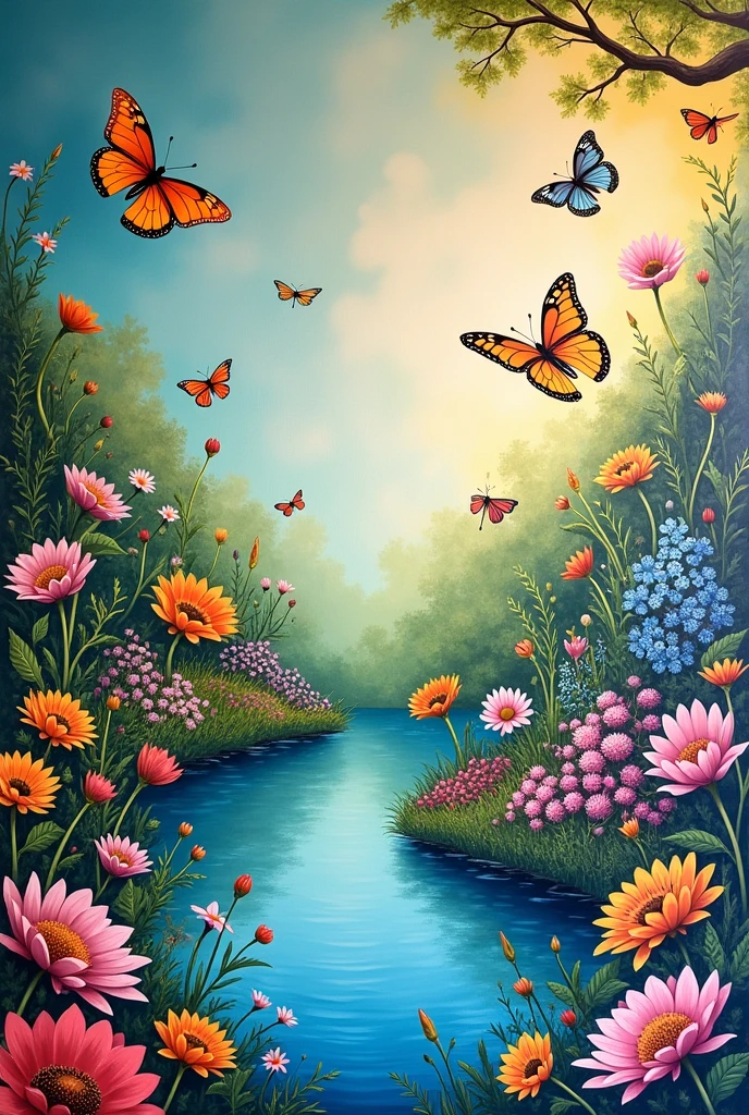 Mural painted with flowers, butterflies, dragonflies and a pool