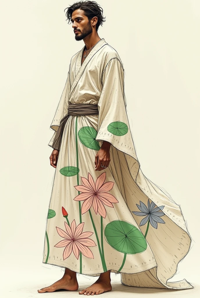 A man in a waterlily themed clothing, sketch style