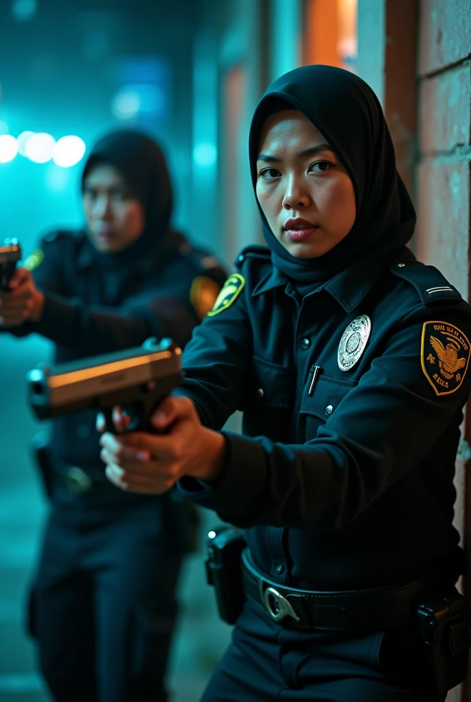(photography)(dynamic) Show a female Malay detective, wearing hijab. And a Malay male detective holding guns. Action pose. Dynamic duo taking out criminals.