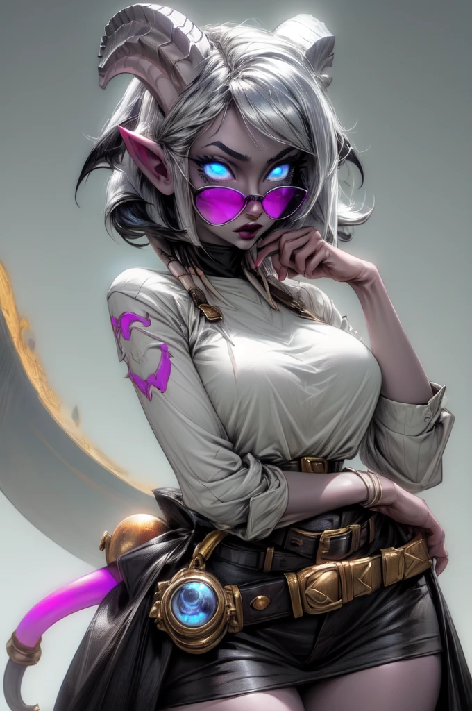 masterpiece, best quality, 1girl, solo, draenei, glowing eyes, colored sclera, tail ornament, hooves, white skin, blue eyes, black hair, shiny silver pouty lips, (tentacle hair:0.8), close-up, upper body, hair ornament, plump and large breasts, shiny skin, shiny silver lipstick, goggles , bob hair cut, fantasy, magic, psy powers, leather apron, toolbelt, mechanic, glasses