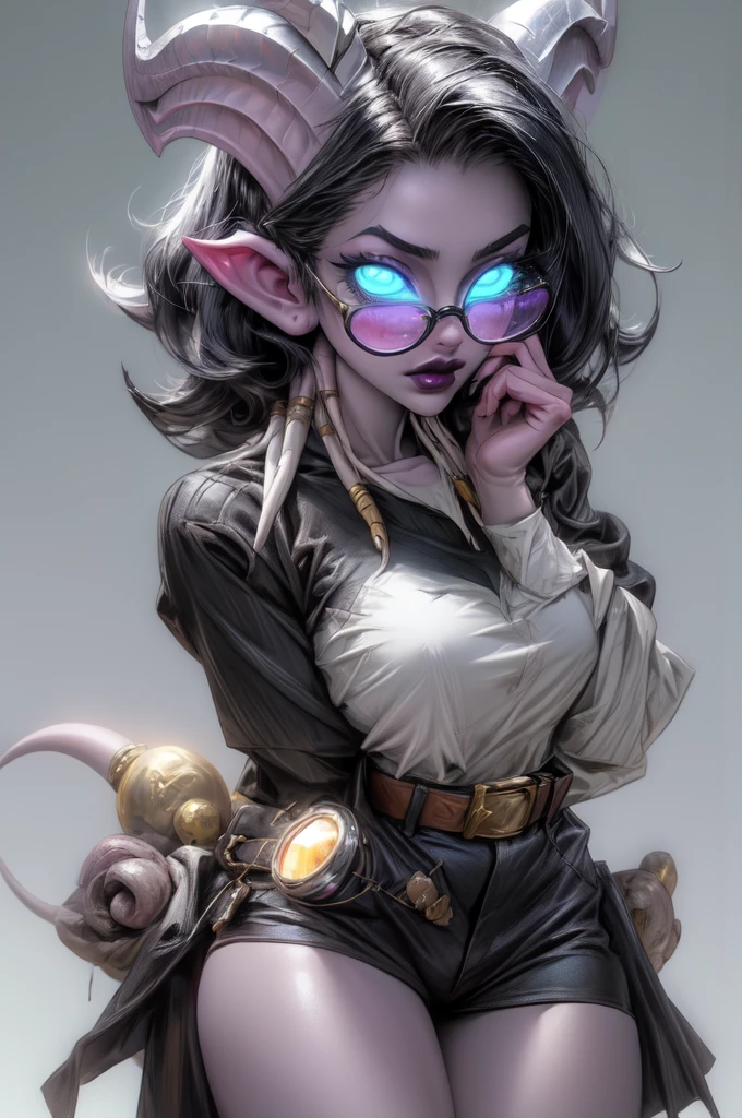 masterpiece, best quality, 1girl, solo, draenei, glowing eyes, colored sclera, tail ornament, hooves, white skin, blue eyes, black hair, shiny silver pouty lips, (tentacle hair:0.8), close-up, upper body, hair ornament, plump and large breasts, shiny skin, shiny silver lipstick, goggles , bob hair cut, fantasy, magic, psy powers, leather apron, toolbelt, mechanic, glasses