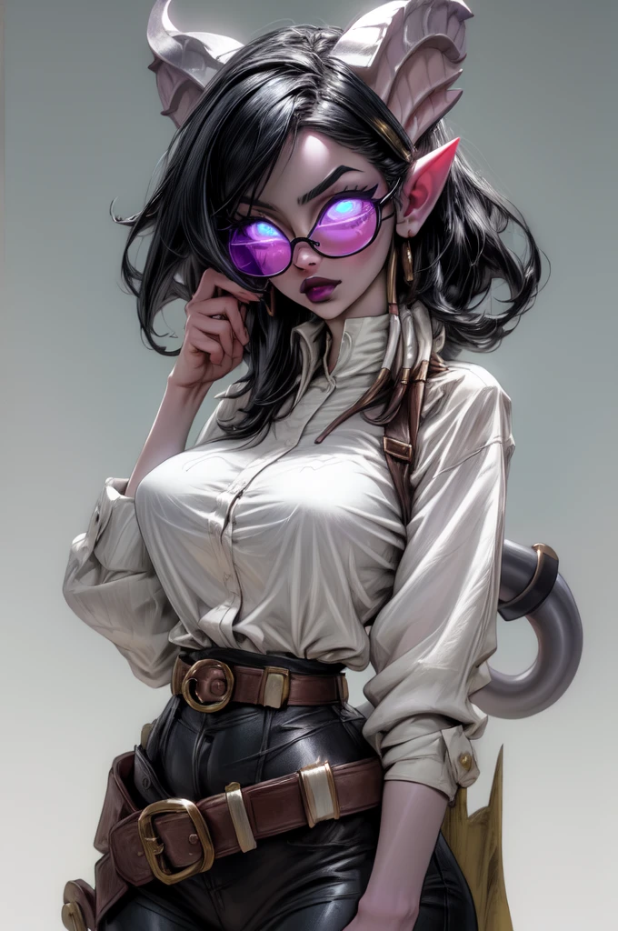 masterpiece, best quality, 1girl, solo, draenei, glowing eyes, colored sclera, tail ornament, hooves, white skin, blue eyes, black hair, shiny silver pouty lips, (tentacle hair:0.8), close-up, upper body, hair ornament, plump and large breasts, shiny skin, shiny silver lipstick, goggles , bob hair cut, fantasy, magic, psy powers, leather apron, toolbelt, mechanic, glasses