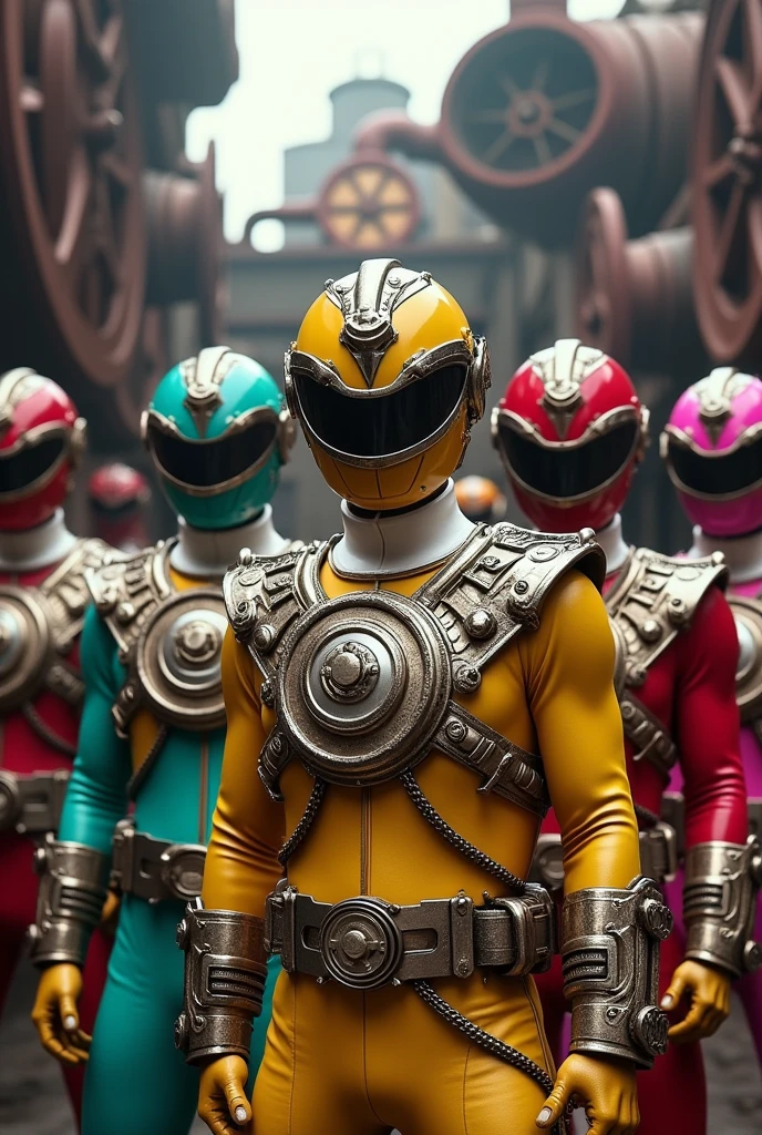 (photorealism:1.2), Train themed Steampunk Red Power Ranger with head lamp, Train themed Steampunk Blue Power Ranger with head lamp, Train themed Steampunk Green Power Ranger with head lamp, Train themed Steampunk Yellow Power Ranger with head lamp, Train themed Steampunk Pink Power Ranger with head lamp, Train themed Steampunk Gold Power Ranger with head lamp and metal shoulder epalauts