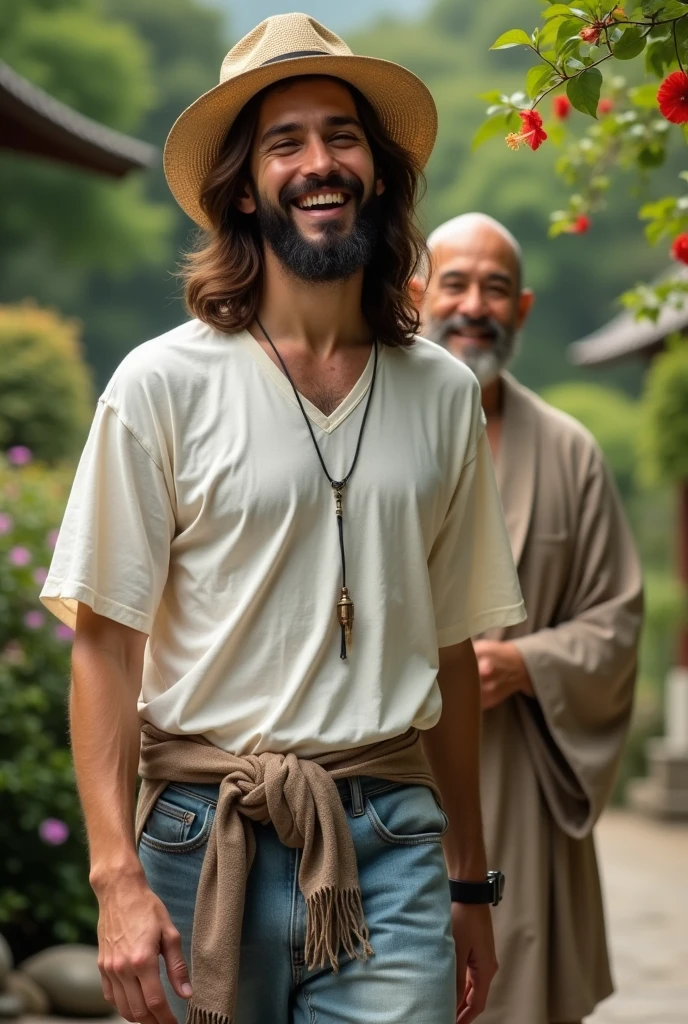 Jesus Christ walking in a Japanese garden. He looks wise and wise and laughs happily. His face conveys deep wisdom and empathy, exuding warmth and understanding. He wears a white T-shirt, jeans, and a straw hat. Jesus of Nazareth is depicted as a gentle, gentle man with shoulder-length hair. His wavy brown hair flows over his shoulders. The smiling face of the Japanese man next to her shows deep wisdom and empathy, and he is depicted as a kind-hearted Japanese man with a Buddha-like shaved head and a gentle, cheerful expression. they are shining. The Japanese garden has a small pond with carp swimming around. Hibiscus is blooming. Photography, close-up, highly detailed, trending at the art station, sharp focus, studio shot, intricate details, Greg Rutkowski,