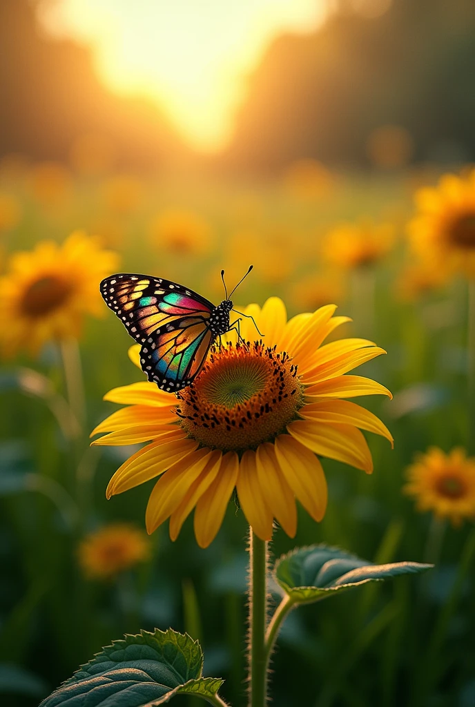 A beautiful colourfull butterfly sitting ont sunflower every where was grassy and the sun was downimg