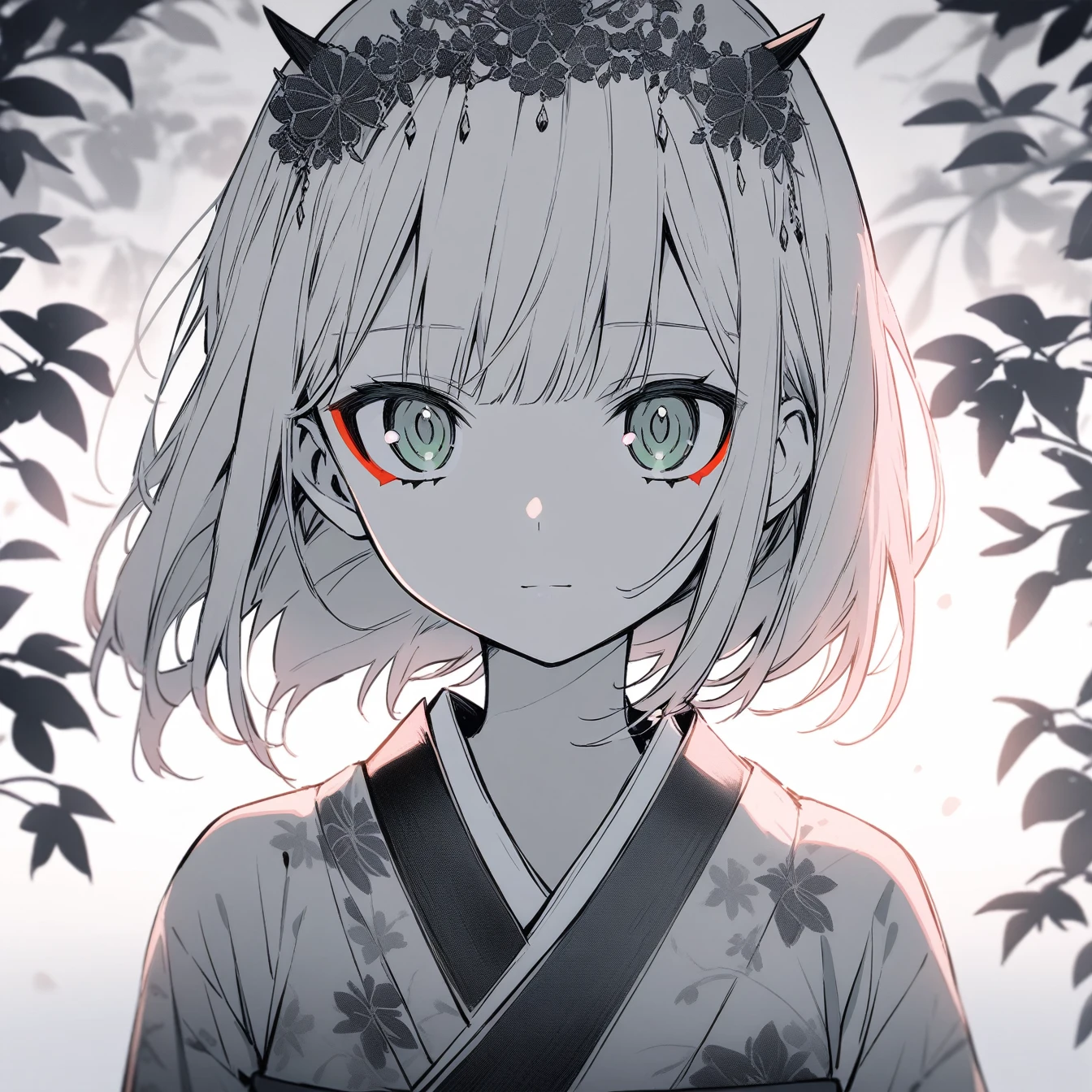 Beautiful anime portrait,Black gray monochrome,Oriental Wallpaper,pink,Feel,very anime style,1girl, zero two \(darling in the franxx\), darling in the franxx,Flowers,close up,Soft Light,Rich in details,The expression is firm,Kimono decoration,Background blur,鲜艳的颜Feel深沉,front,Green eyes,Pink Hair
