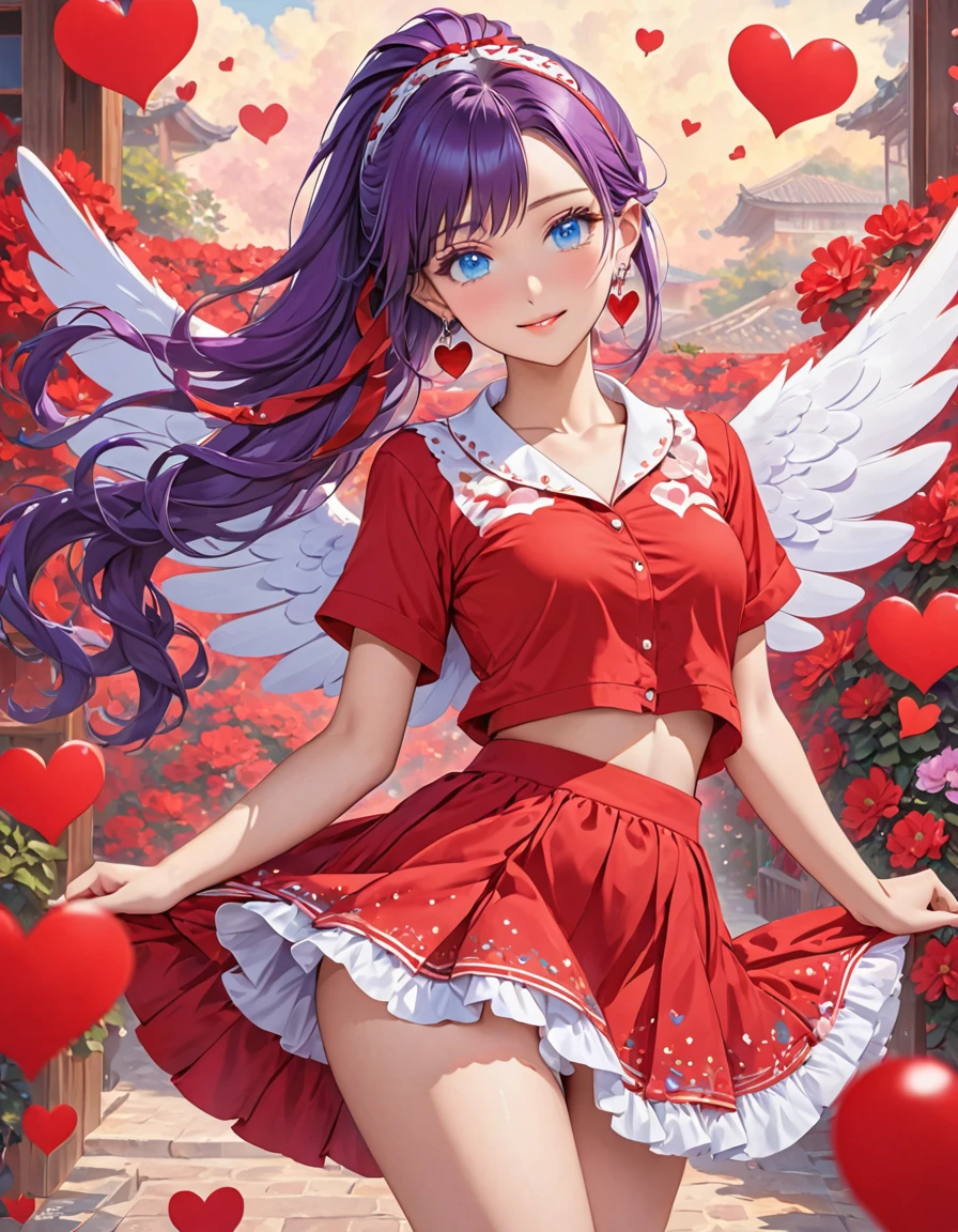 in red dress with heart shaped wings sticking out of her skirt, single girl, alone, one eye closed, jewelry, hair band, ponytail, Purple hair, heart, looking at viewer, blue eyes, long hair, earrings, short shirt, belly, red shirt