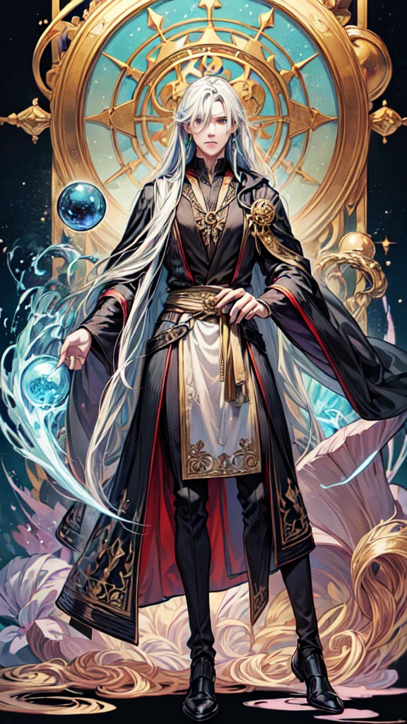 High quality, detailed, and realistic, master piece, character sheet, reference sheet. (Full body view from head to foot), simple dark color background, character sheet. A powerful, enigmatic alchemist in a fantasy TRPG setting. He has a tall, slender build with an aura of mysticism. his face is sharp and angular, with piercing eyes that seem to gaze into the very fabric of reality. He wears a long, flowing robe adorned with intricate alchemical symbols and arcane designs. In his hands, he holds an ornate alchemical apparatus, bubbling with colorful liquids. His hair is long and wild, giving them an otherworldly appearance. He exudes an air of arcane knowledge and alchemical mastery.
