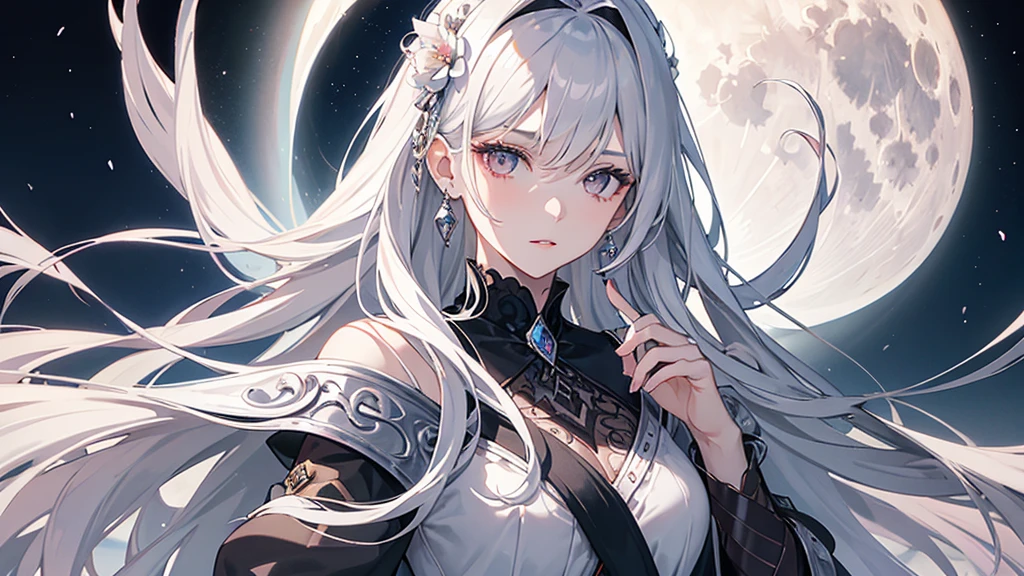 Masterpiece, Superb Girl, Night Moon Full Moon, 1 Female, Mature Woman, Sister, Royal Sister, Cold Face, Expressionless, Silver-White Long-Haired Woman, Light Pink Lips, Calm, Intellectual, Three-banded Gray Eyes, Assassin Short Knife, Flower Ball Background, Hand Details, Finger Details, Facial Details, Eye Details,