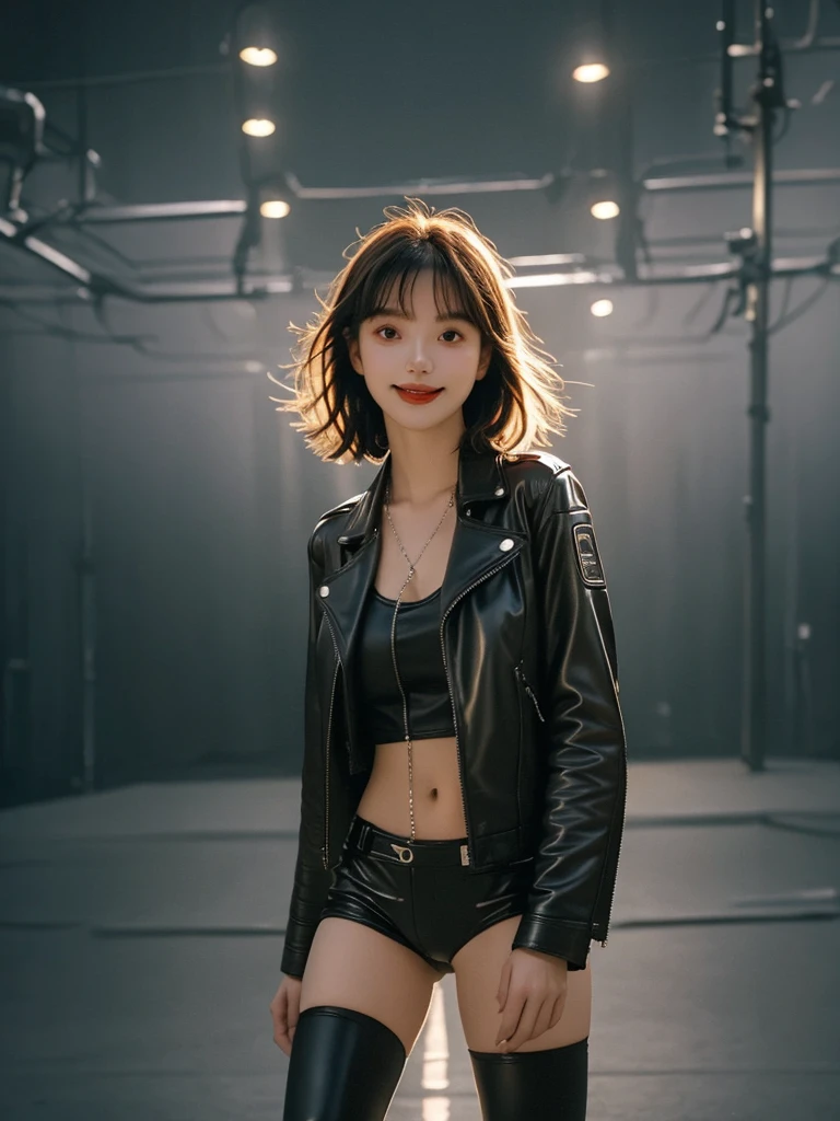 A young girl,Black tight leather jacket, Empty lower body, No trousers, Dark atmosphere, evil smile, tongue out, seductive smile, Social realism, chiaroscuro, cinematic lighting, backlighting, character chart, from below, from side, panorama, full-body shot, anatomically correct, super detail, textured skin, best quality, 4K