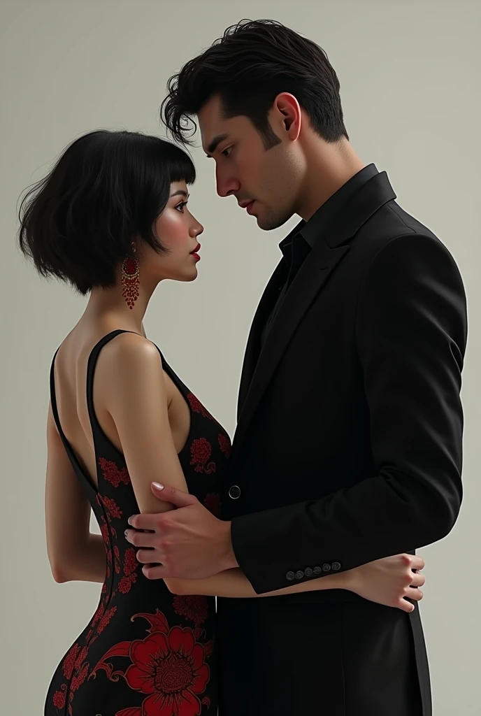 Create an image of a woman facing a man. The woman has Asian features and is well-groomed.., wearing a black dress with red designs, like dragons and roses. She has short black hair and a dark look in her eyes... The man is in a black suit. him&#39;it's taller than her, suas feições são fortes e him não é asiático, him é francês com cabelo preto, rebels and scouts
