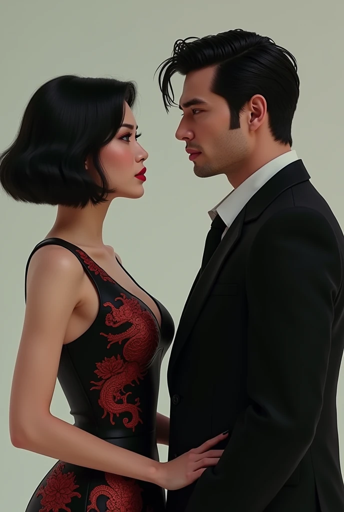 Create an image of a woman facing a man. The woman has Asian features and is well-groomed.., wearing a black dress with red designs, like dragons and roses. She has short black hair and a dark look in her eyes... The man is in a black suit. him&#39;it's taller than her, suas feições são fortes e him não é asiático, him é francês com cabelo preto, rebels and scouts
