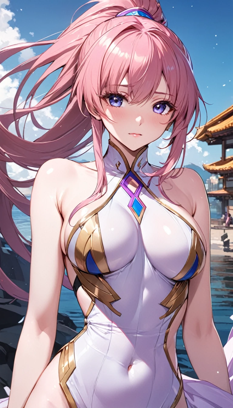 ((Highest quality)), ((masterpiece)), (detailed), （Perfect Face）、That woman is Lacus Clyne, I&#39;m just an ordinary Chinese woman with blue eyes., Pink Hair, And medium long hair, Wearing an engagement ring.