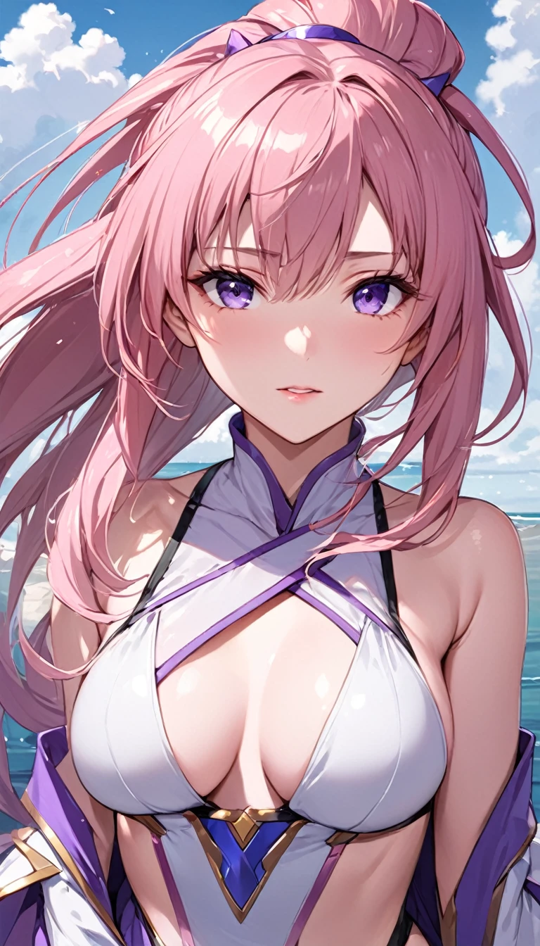 ((Highest quality)), ((masterpiece)), (detailed), (Perfect Face)、That woman is Lacus Clyne, I'm just an ordinary Chinese woman with blue eyes., Pink Hair, And medium long hair, Wearing an engagement ring.