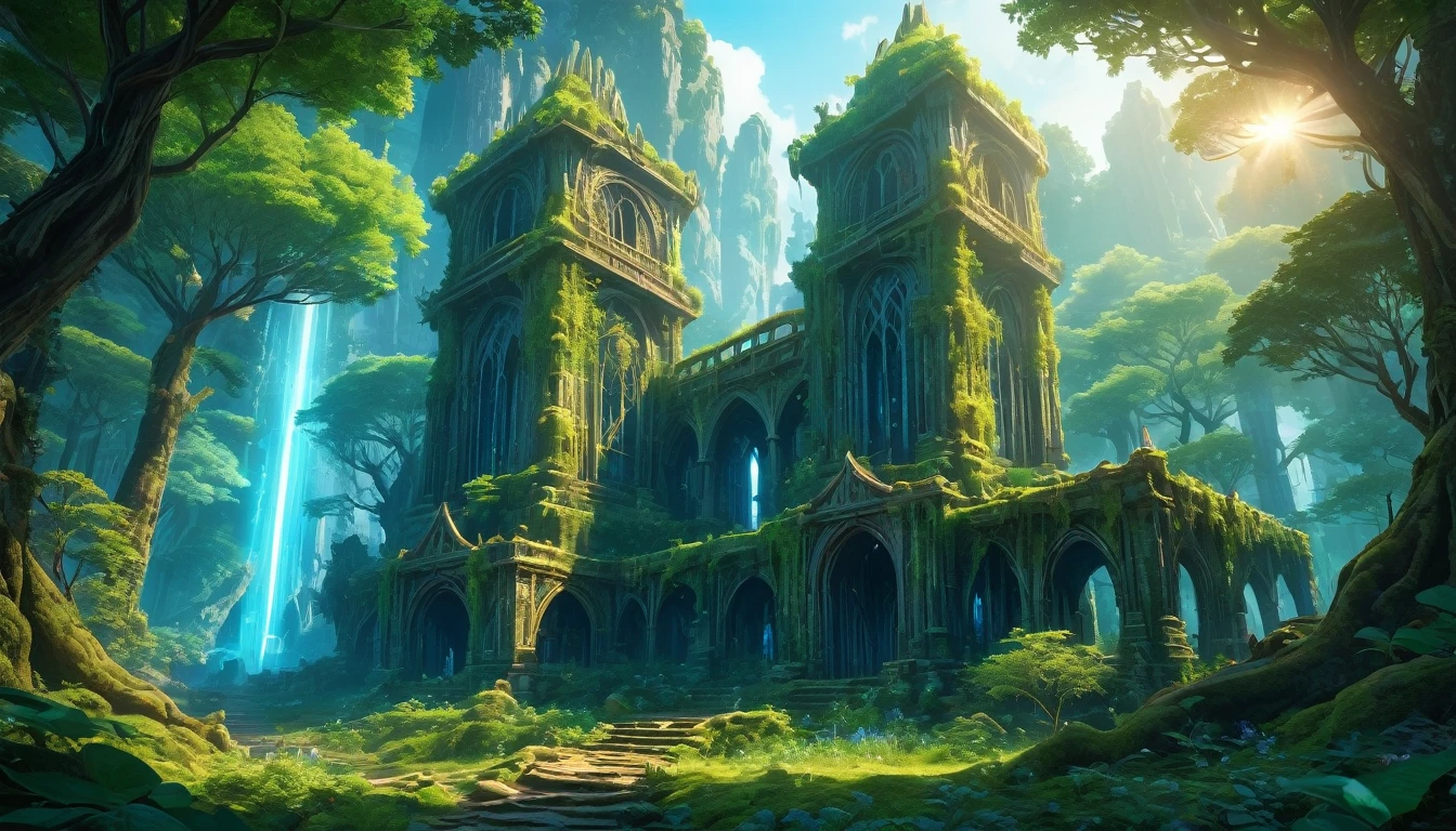 (anime, fantasy, elven ruin), (detailed CG unity 8k wallpaper, masterpiece, best quality, ultra-detailed, HDR:1.2), vibrant colors, An ancient elven ruin in an enchanted bioluminescent forest. magical forest, majestic, enchanted, beautiful, undiscovered, highly detailed landscape