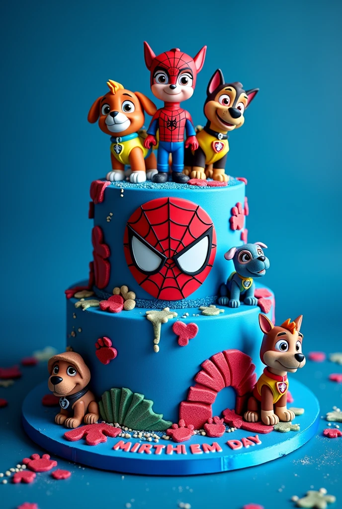 Spider-Man themed birthday cake featuring the Paw Patrol and dinosaurs. in blue colors, red and white