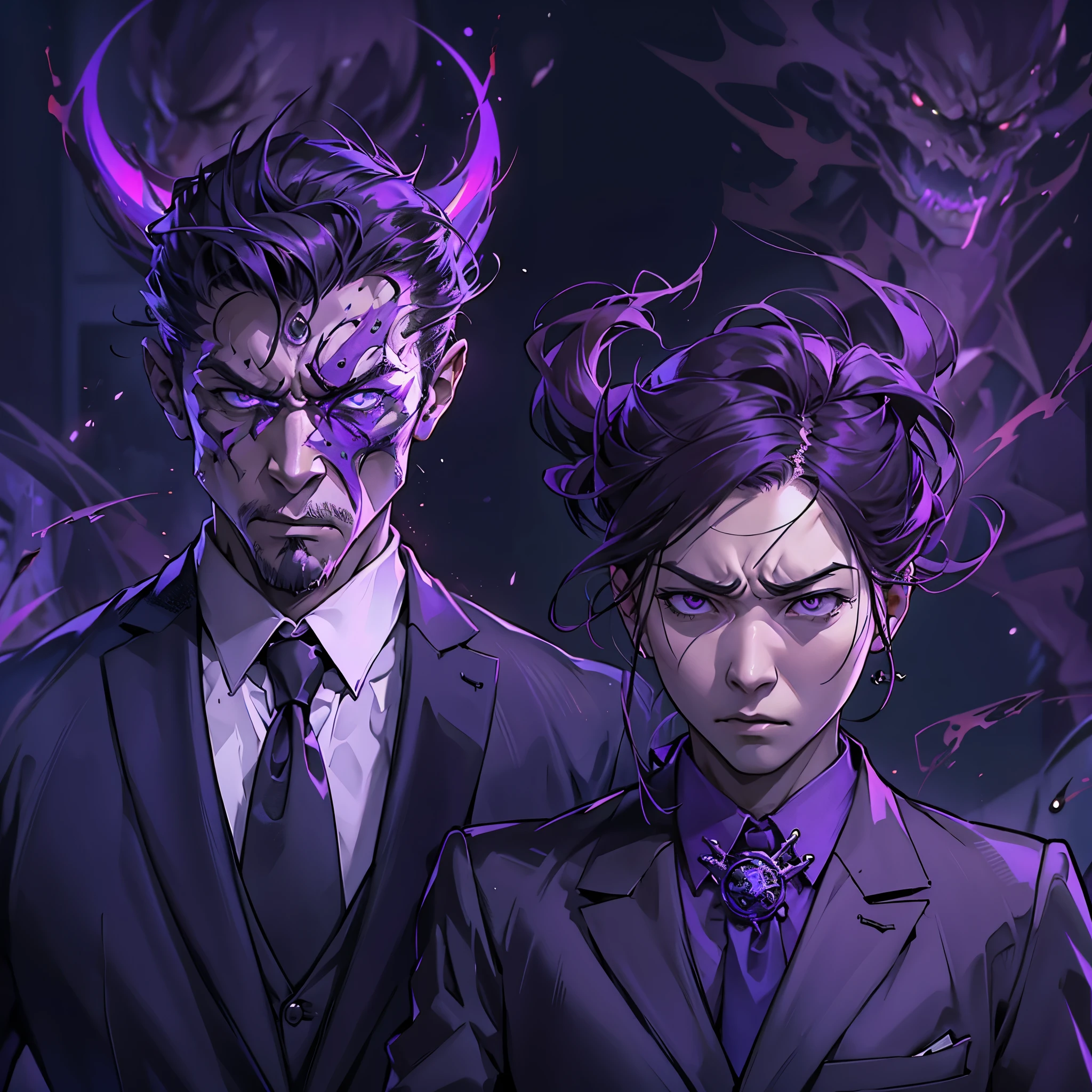 Inspired by the MBTI architect、A man and woman in purple suits looking angry with demonic expressions。Create a mysterious atmosphere。