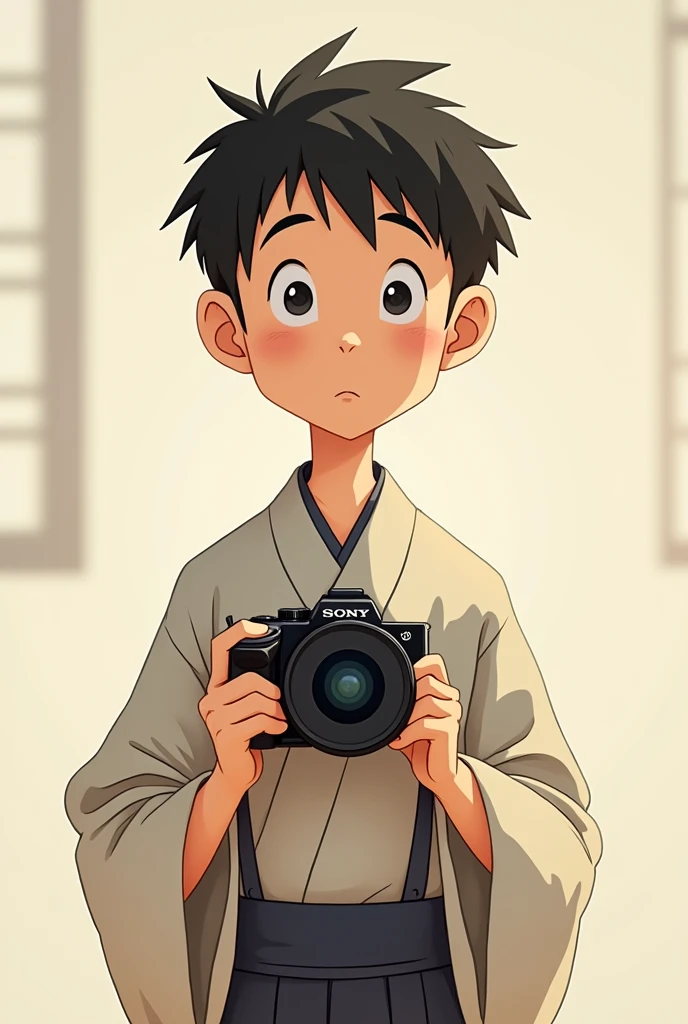 Animated timid Japanese man with a Sony SLR