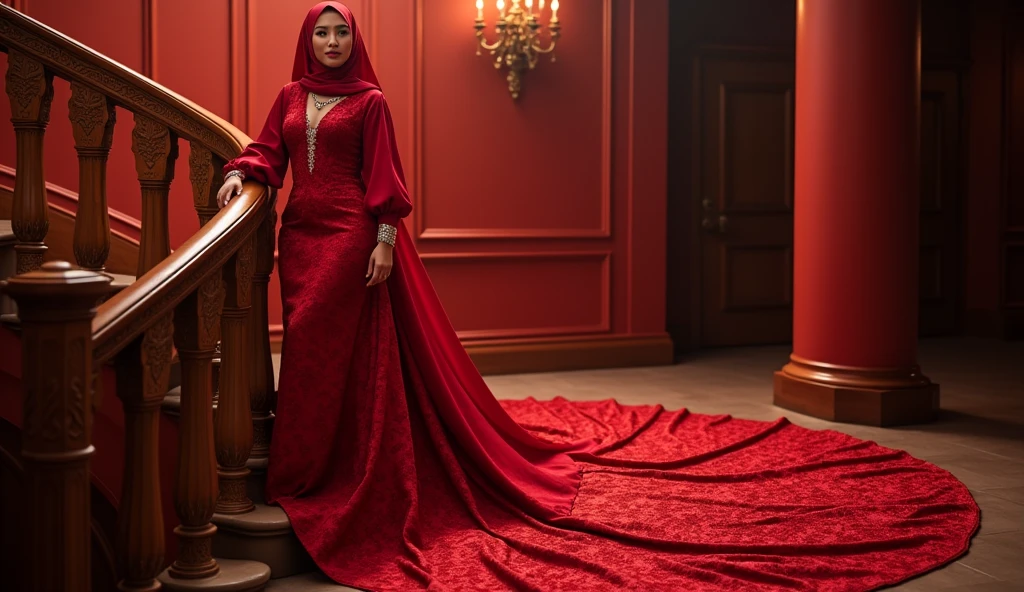 An malay woman in glamorous red mermaid evening dress, long ballon sleeve dress, long satin scarf wrapped around her arms, wear jewellery, wear modern satin hijab, entirety of fabric over botom dress about 7 meters in length trailing dramatically, glamours style, overlong dress train, extreme detail on the texture of the fabric, wear high heels, sexy random pose in down stair, bright dramatic lighting, ultra realistic, high-resolution photography.