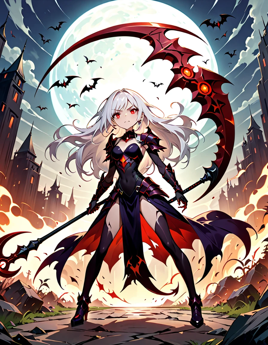 (((Masterpiece, best quality, 16k))) female character with long white hair and piercing red eyes. She wears a demonic armor in purple, black, and white. wields a large, stylized scythe. The character has a menacing expression, with a chaotic environment as the background. ((full body front view)). ((slender)), (extremely detailed:1.5), (long white hair:1.2), (piercing red eyes:1.2), (chaotic environment:1.1), (demonic armor:1.3), (stylized scythe:1.3).