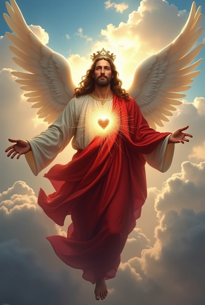 (photorealism:1.2), handsome Jesus Christ, floating in the sky with bigger white wing behind, the light in his head and heart sparkling all over, wearing the king red color of clothes and crown in the clouds of heaven, elegant king clothes, long nice hair, outdoors, soft lighting, five fingers, two hands, clouds and blue sky in a background, brighter sunlight, perfect face of Jesus Christ, relaxed pose, realistic, intricate details, warm colors,