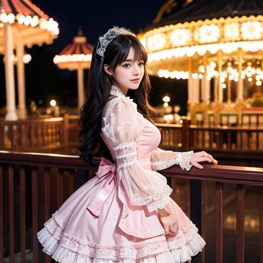 41 year old woman, Side shot, Bow at the back of the waist, Skirt length to calf, cupcake dress, Layered skirt with lace on each layer, Wear a TA dress, layered dress, Pink lolikirt, lots of lace, Long sleeve, Wide sleeves, Big skirt, layered lace skirt, Puff sleeves, Wide sleeves, Transparent sleeves, intricate details showcase the ruffles and intricate designs of the Lolita d, Wearing a lolita dress the amusement park, at disneyland, The background is a carousel, best quality, Delicate face,beautiful visual work, lifelike, eternity, black hair, Long curly hair, blunt bangs, Smile, Detailed Background, Delicate face,blush,cold,((masterpiece))、(top quality)、8k、high detail、Super detailed,41-year-old female, masterpiece、born、Scenes resembling fairy tale illustrations、intricate details和複雜的設計、Beautifully、magic、capricious、 Beautifully、Dream aesthetics、「𝓡𝓸𝓶𝓪𝓷𝓽𝓲𝓬、ethereal、charming、fickle、magic」、realism、Visual effects、FXAA、SSAO、Shader、voiceless、ambient lighting、Tone mapping、High resolution、Ultra high quality、Million pixels、(8K resolution:1.10)、8k、8k以下、8K resolution、high detail、intricate details, (high quality:1.2、masterpiece:1.2、:1.21)、(41-year-old female:1.21)、(興奮地Smile)、(Surrounded by a dreamy atmosphere、Model diagram,full-body shot,Normal 2 feet,Put your hands behind you,The protrusion of the breast is visible when wearing clothes, Large Breasts, H cup chest, pink clothes, Don't show your fingers, full-body shot, full-body shot,full-body shot,full-body shot,full-body shot,full-body shot,full-body shot,full-body shot,hands hidden in clothes, hands hidden in clothes,hands hidden in clothes,hands hidden in clothes,hands hidden in clothes,hands hidden in clothes,hands hidden in clothes,hands hidden in clothes,hands hidden in clothes, ,hands hidden in sleeves ,hands hidden in sleeves ,hands hidden in sleeves ,hands hidden in sleeves ,hands hidden in sleeves ,hands hidden in sleeves ,hands hidden in sleeves ,hands hidden in sleeves, arms behind back, arms behind back,