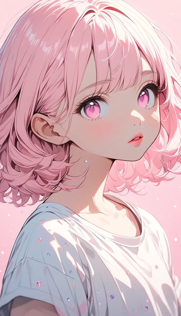 (masterpiece),(best quality:1.1),(very detailed),best illustration,in detail, girl,alone,glitter,13 years old,slim,(Really delicate and beautiful face),(Beautiful pink eyes),pink thick lips,(Wearing a baggy t-shirt),Soft and lazy,(simple background:1.2)Overall color background,obvious,4K