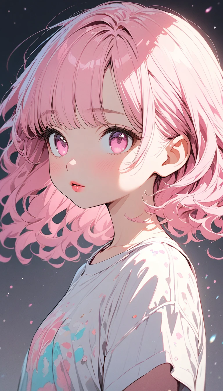 (masterpiece),(best quality:1.1),(very detailed),best illustration,in detail, girl,alone,glitter,13 years old,slim,(Really delicate and beautiful face),(Beautiful pink eyes),pink thick lips,(Wearing a baggy t-shirt),Soft and lazy,(simple background:1.2)Overall color background,obvious,4K
