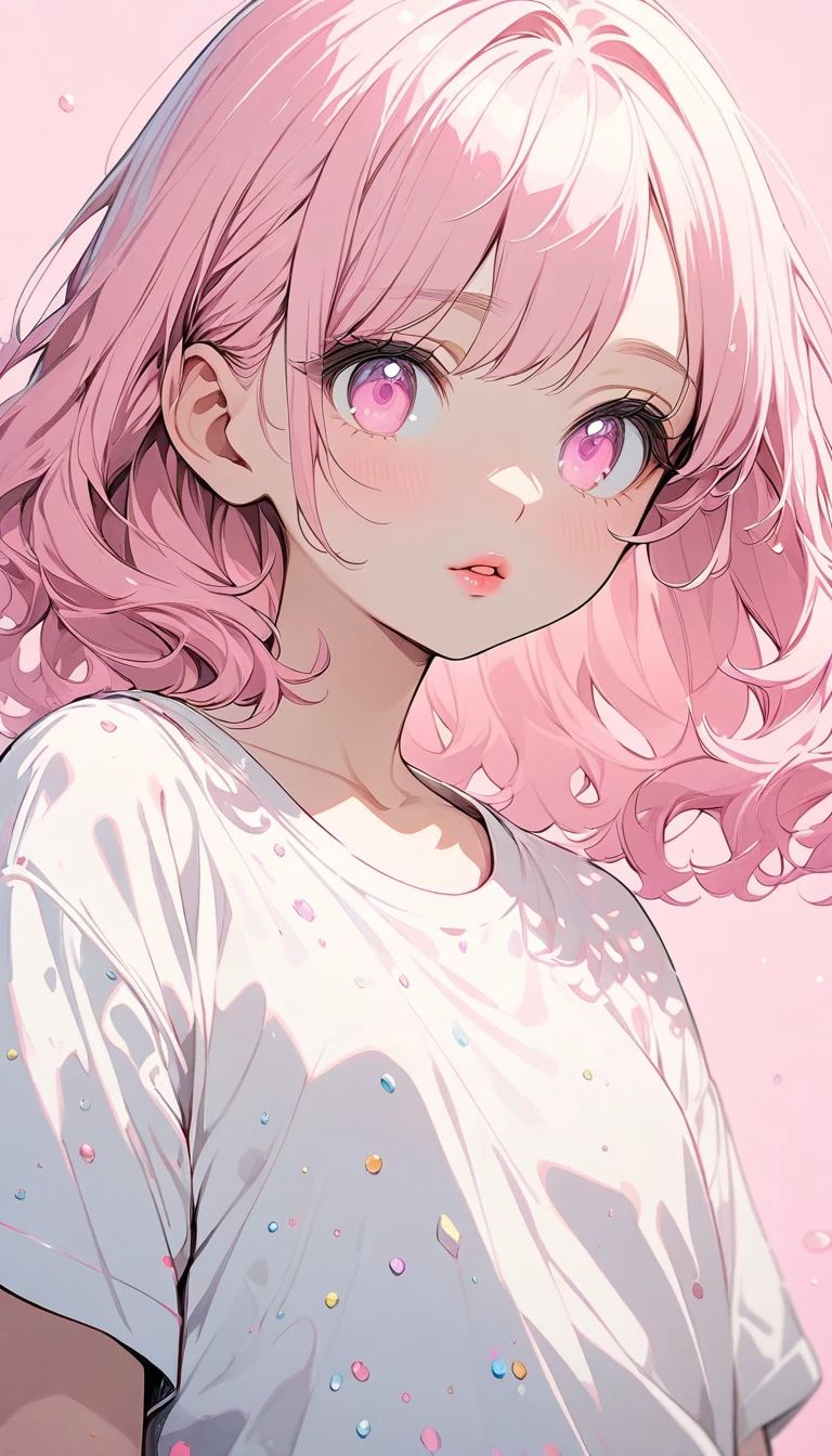 (masterpiece),(best quality:1.1),(very detailed),best illustration,in detail, girl,alone,glitter,13 years old,slim,(Really delicate and beautiful face),(Beautiful pink eyes),pink thick lips,(Wearing a baggy t-shirt),Soft and lazy,(simple background:1.2)Overall color background,obvious,4K
