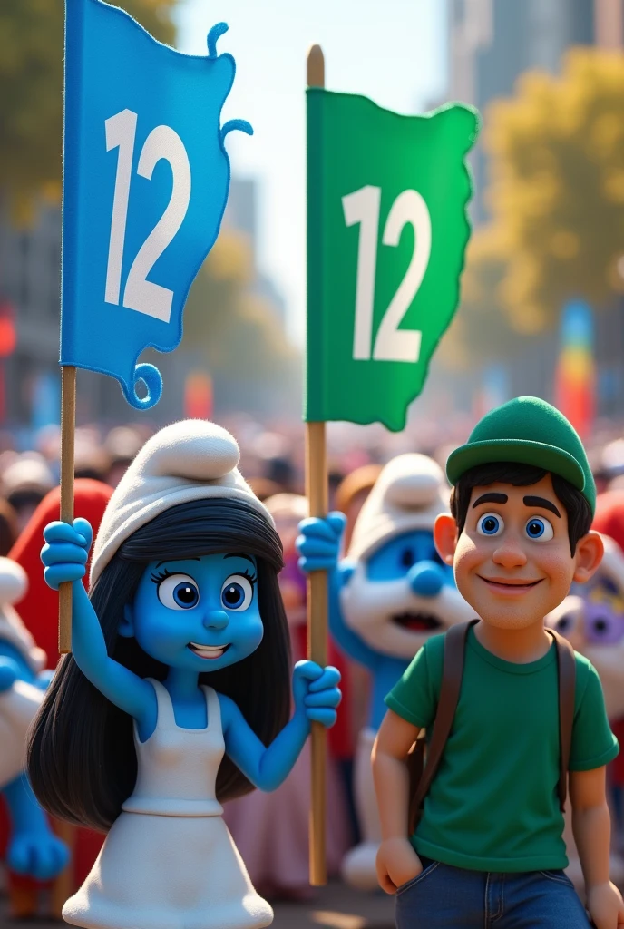 Many Smurfs holding blue flags with the number 12 and others holding green flags with the number 12 and a white woman with straight black hair with a blue shirt and a white man with blue eyes and a green shirt wearing a green cap