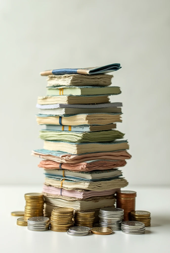 Create a photo of bills and coins stacked on top of each other