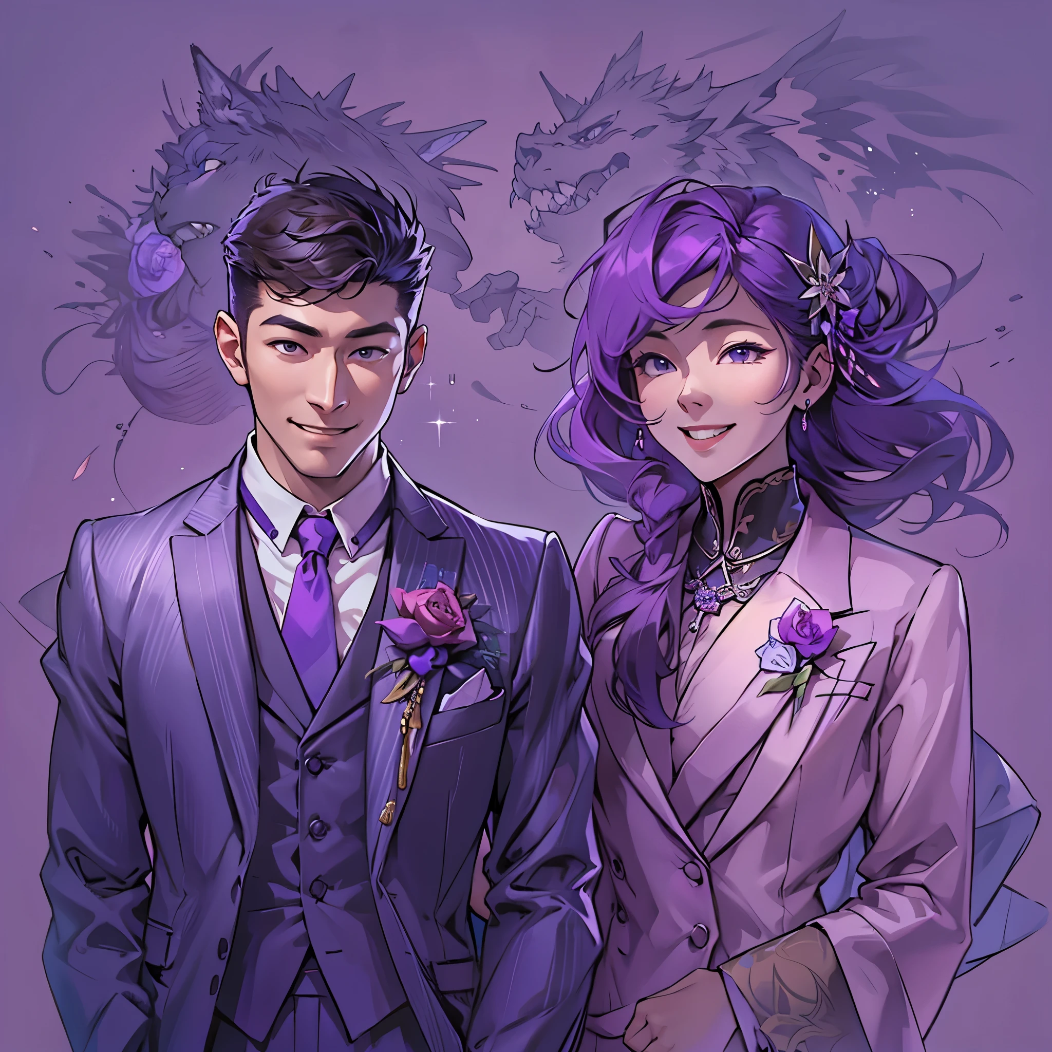 Inspired by the MBTI architect、A man and woman in purple suits smiling kindly。Create a mysterious atmosphere。