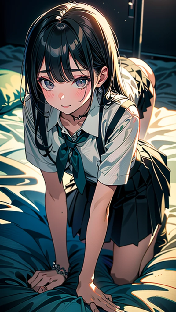 (8k, RAW Photos, 最high quality, masterpiece:1.2), high qualityのRAWカラー写真, Professional photo shoot, Cinematic Light, night、Late night、alone, (((young woman, Gal))), (Sharp features), (Small face), (Skin with attention to detail:1.2), clavicle, Cute Face, Beautiful appearance, Long eyelashes,Girl Turning Around, smile, (Black Hair, Long straight line), high school student, Green tie, Navy knit vest、, White shirt,Roll up your sleeves、bracelet ((Mini Pleated Skirt)), bedroom, Embarrassing, sad, Artistic painting,Attractive thighs, White socks、(Very nice touch:1.2), (Watery eye), sad雰囲気, Oil painting style, Dark colors, (Lie face down on the bed)(((Pay attention to the butt))), Smooth texture, Beautiful Skin, Glowing Skin, ((Perfect Fingers, Five Fingers, Anatomically correct)), Background Blur, high quality, Surreal, ((Very detailed, photo shoot)),,View from above、blush、、Embarrassing、Embarrassing、blush、Put your hands on the ground、(Turn around、Show your butt to the audience)，((Accentuate your butt))、Sleep on your back、(((On all fours)))、((Backwards))、Ass here
