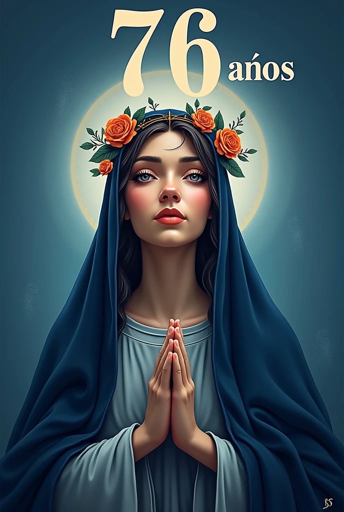 Create a logo for Santa Rosa, Drawing of a woman with an angelic face wearing a dark blue saint&#39;s robe and a crown of thorns and roses on her head on a blue background with the phrase "76 years old" in Spanish in giant size above the drawing of the woman. 