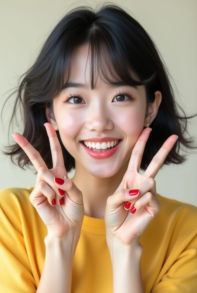 Cute woman smiling peace sign black hair Korean style