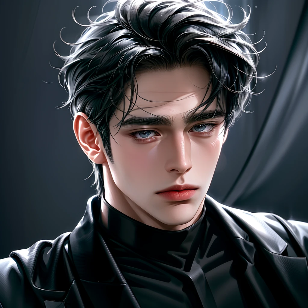 high quality, 8k, Ultra detailed, hdr, studio light, Masterpiece, Portrait of a standing man, Handsome face, Focus on your audience, young man, azure beautiful grey eyes, jet black hair, closed mouth, messy hair, dynamic pose realistic, detailed and correct facial structure.