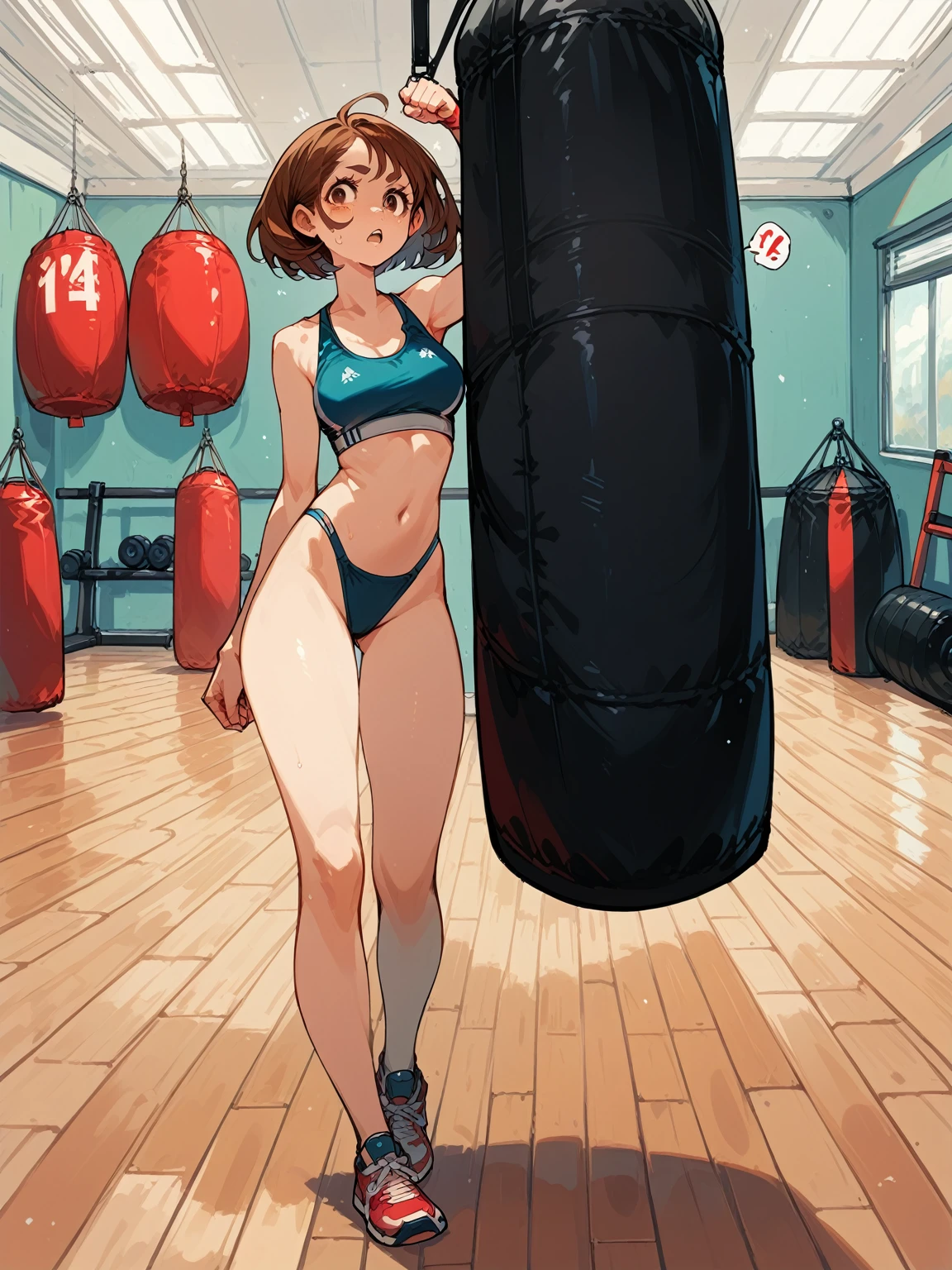 Thong,Sports Bra,Punching Bag、araffe woman in a bikini posing At the gym with a punching bag, At the gym, gym&#39;s, sakimichan, Yoshitomo Nara, Beasts, healthy体, whole body!!!, healthy, Sexy pose, fit pic, Cottagecore!! Fitness Body, Tight fit