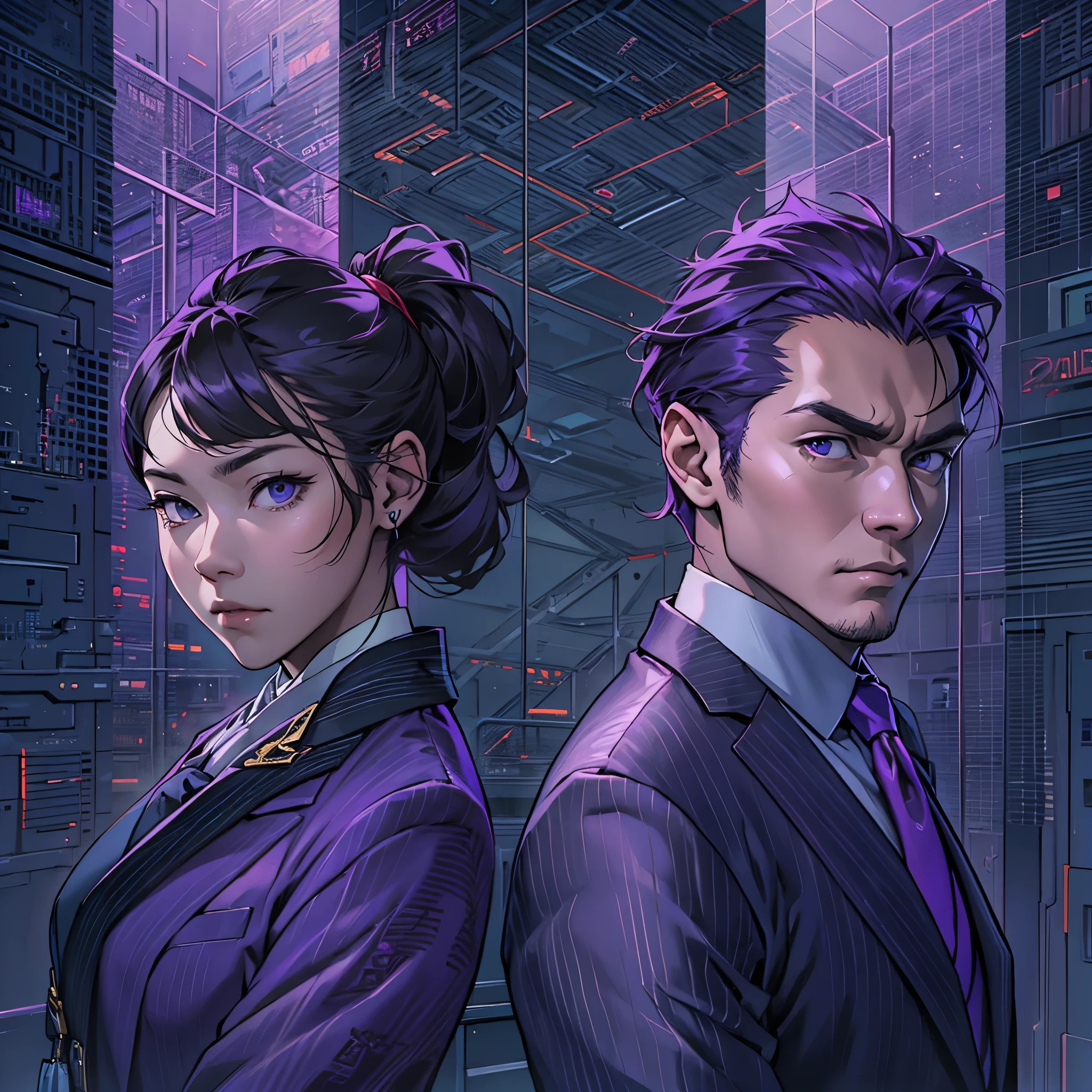 Inspired by the MBTI architect、A man and a woman in purple suits, staring intensely at the camera with serious expressions.。Create a mysterious atmosphere。